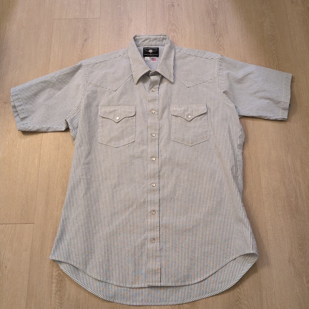 VTG Flying Ranch Wear Men's XXL Pearl Snap Shirt Stripe‎ White Blue USA